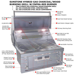 Sunstone 30” Gas-Hybrid Single Zone Charcoal/Wood Burning Grill w/ IR